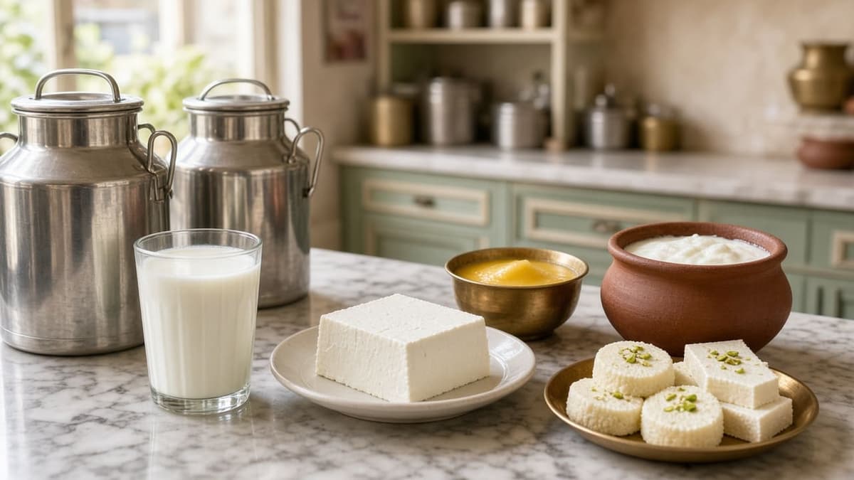 Fresh milk, paneer, desi ghee, curd, and milk sweets